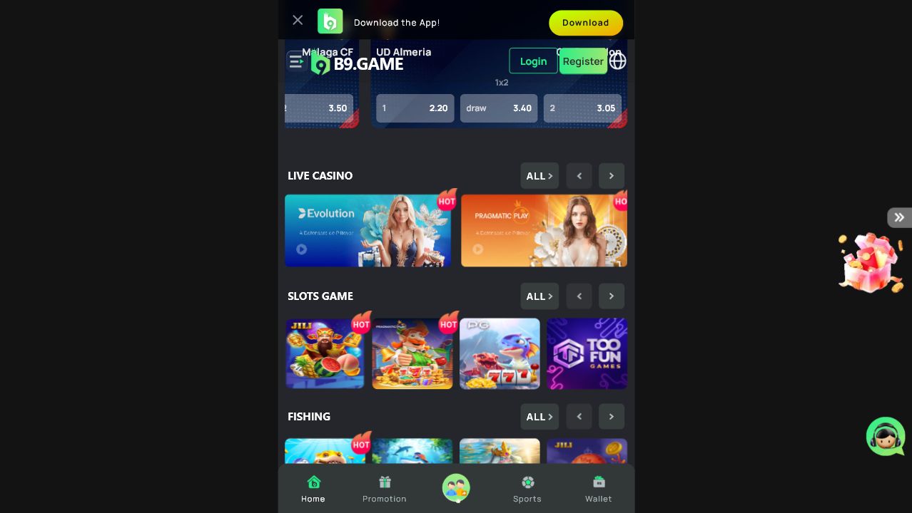 B9 product sections showing live casino, slots and fishing games